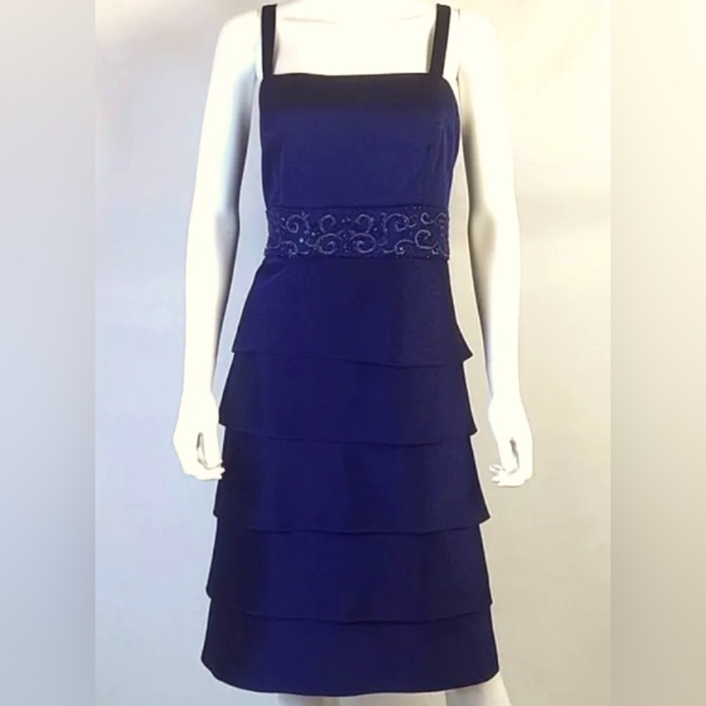 R&M RICHARDS: NAVY BLUE STRAPPY COCTAIL DRESS WITH BEADING AT WAIST SIZE 8